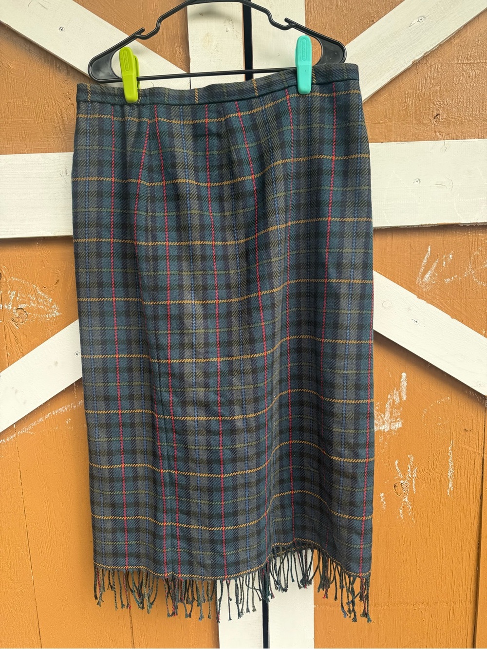 Vintage Plaid Wool Fringe Skirt - Blue Green Plaid